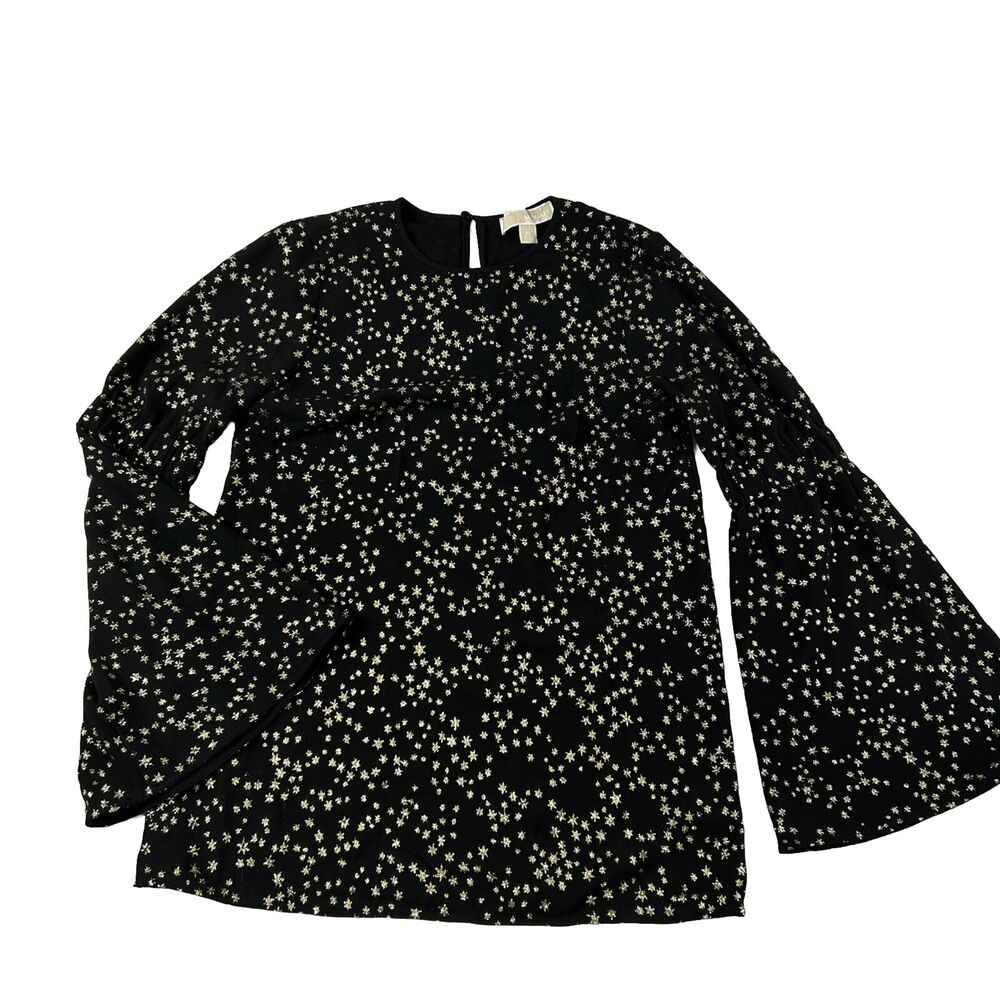 Michael Michael Kors Star Print Blouse Top Black Gold Long Sleeve XS Bell Shiny